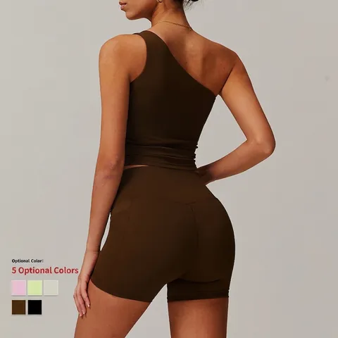 Women Yoga Workout Clothing High Waist Leggings One Shoulder Sports Bra Stand Collar Zipper Jacket Pockets Nylon Spandex