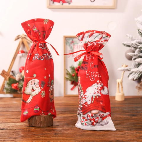 Sacs Cadeaux Pour Bouteilles De Vin Noël Cordon Tissu Père Noël Renne Gnome Motifs Décoration De Table Fête De Vacances