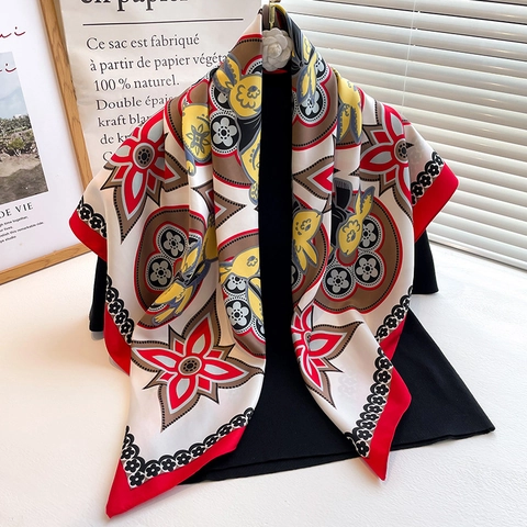 Foulard Quadrato Donna Poliestere Trama Raso Elegante Stampato Coniglio Fiori Scialle Solare Decorativo