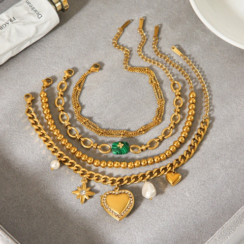 Bracciale In Acciaio Inossidabile Placcato Oro 18K Cuore Malachite Perla Artificial Stella Ciondoli Gioielli Regolabili Per Donna
