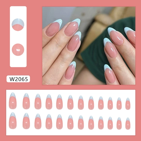 Unghie Finte Press On Forma Mandorla Francese Plastica ABS Lucida Rosa Nude E Blu Chiaro Elegante Minimalista Per Donne