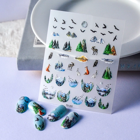 5D Embossed Nail Art Stickers Forest Fox Deer Snow Mountain Pattern Waterproof Self Adhesive Manicure Decoration