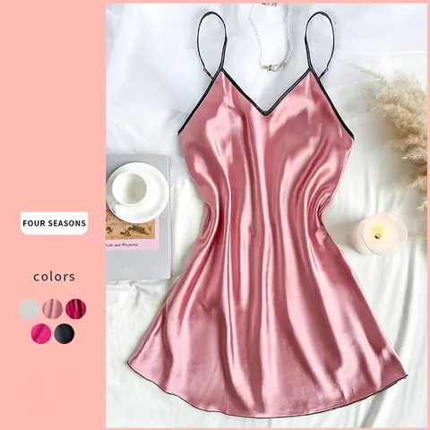 Damen Satin Satin Nachthemd V Ausschnitt Spaghettiträger Nachtwäsche Slip Kleid Homewear Ärmellos Sexy Weich Sommer