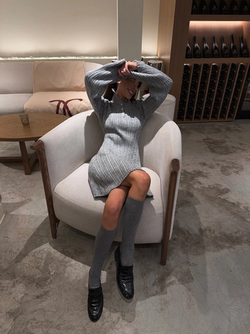 Geripptes Strickkleid Baumwollmischung Lange Ausgestellte Ärmel Eng Anliegend Knopfhals Elegant Herbst Winter Damen