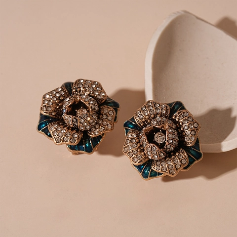 Orecchini A Lobo A Fiore Vintage Lega Strass Smalto Blu Con Perno In Argento Gioielli Eleganti Francesi Per Donna