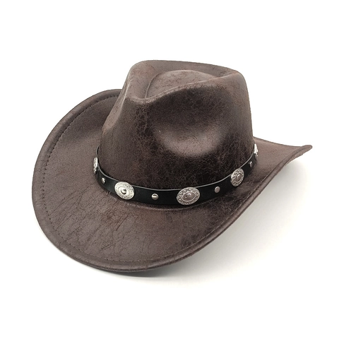 Chapeau De Cowboy Western Vintage Distress Faux Daim Polyester Avec Rivets Métalliques Bord Large Style Jazz Hommes Femmes