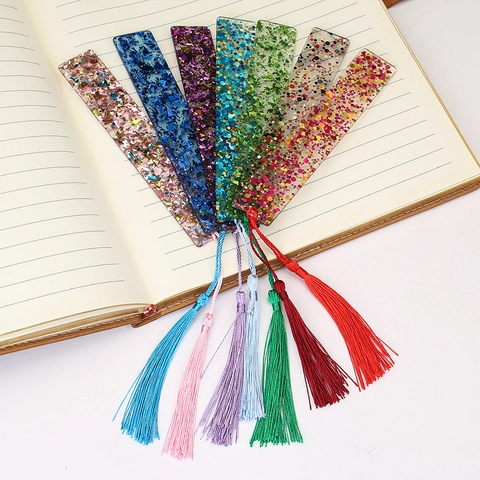 Rectangular Bookmark Acrylic Resin Glitter Sequin With Tassel Transparent Shiny Creative Handmade Stationery For Book Lovers