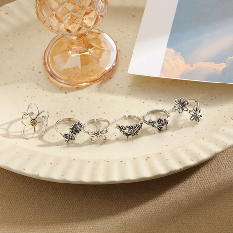 Anello Aperto Regolabile In Rame Placcato Argento Antico Vintage Design Girasole Rosa Ape Fiore Gioielli Retrò Donne