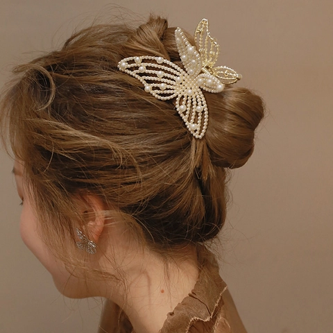 Butterfly Hair Claw Clip Alloy Faux Artificial Pearl Rhinestone Large Elegant Hairpin Shark Clip Headwear For Women
