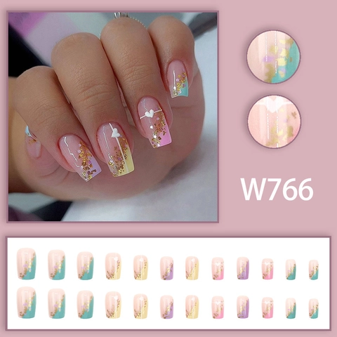 Square Press On Nails Rainbow French Tip Gold Foil Heart Nude Gradient Detachable Fashion Cute For Women