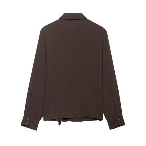 Camicia Con Nodo A Maniche Lunghe Da Donna E Pantaloni A Gamba Larga A Vita Alta Elastica In Crêpe Moda Casual Marrone Scuro