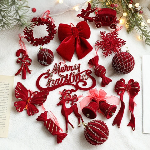 Red Flocked Christmas Ornaments Velvet Reindeer Snowflake Bow Tree Hanging Decoration Luxury Festive Holiday Decor