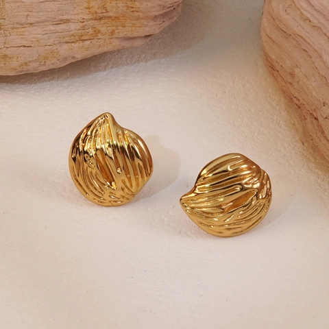 Stainless Steel Stud Earrings Irregular Wave Texture Leaf Shape Gold Plated Minimalist French Chic Style For Women