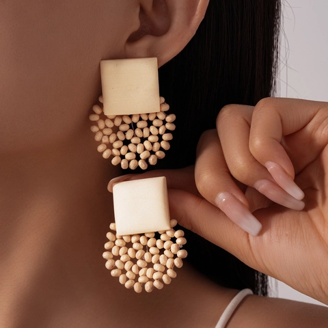 Bohemian Wood Beaded Drop Earrings Geometric Square Round With 925 Sterling Silver Earring Post Retro Niche For Women