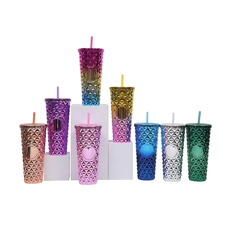 Studded Tumbler With Straw Insulated Plastic Reusable Water Cup Diamond Texture Gradient Color For Cold Drink