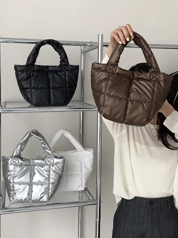 Women Puffer Handbag Quilted Padded Tote Bag Lightweight Chic Korean Style Square Lattice Pattern Solid Color Minimalist