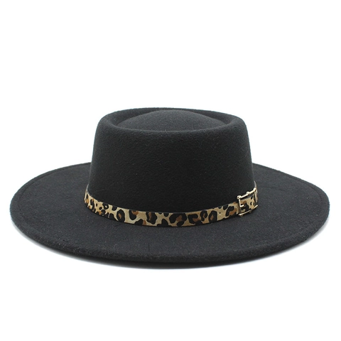 Wool Felt Boater Hat Wide Brim Flat Top With Leopard Print Band And Golden Metal Buckle Fashion Retro Accessory For Men Women