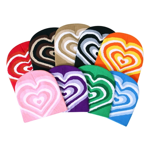 Heart Pattern Knitted Beanie Acrylic Jacquard Warm Winter Hat Fashion Y2K Streetwear For Men Women