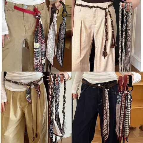 Women Bohemian Waist Chain Belt With Satin Scarf Paisley Print Tassels Wood Beads Ethnic Style Vintage Accessory