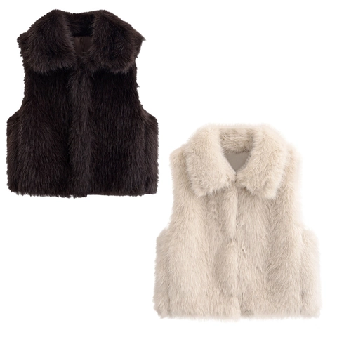 Women Faux Fur Vest Lapel Collar Sleeveless Short Jacket Solid Color Waistcoat Warm Outerwear