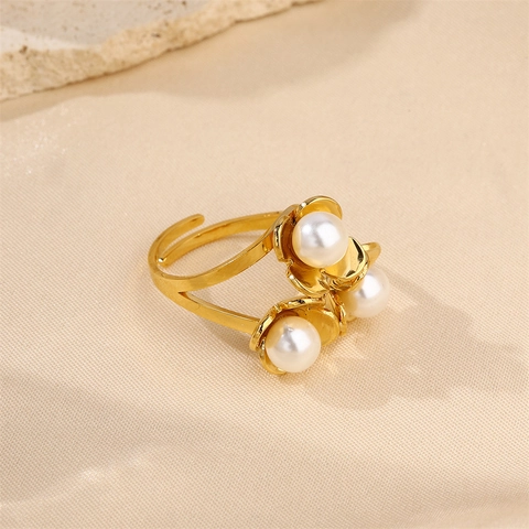 Open Rings For Women 18K Gold Plated Stainless Steel Shell Flower Imitation Artificial Pearl Rhinestone Adjustable Niche Elegant