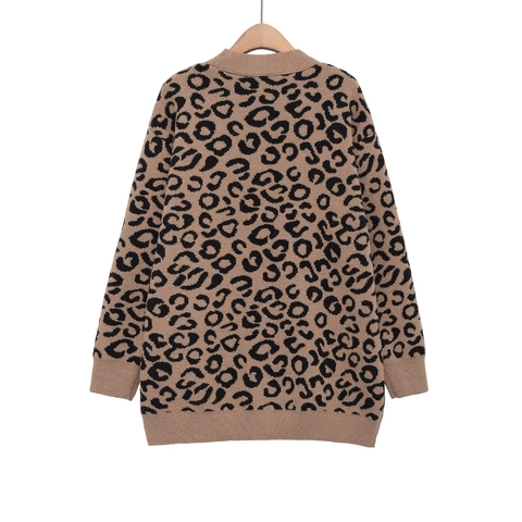Damen Strickjacke Mit Leopardenmuster V-Ausschnitt Knopfleiste Locker Langarm Jacquard Strickpullover Freizeit Oberbekleidung