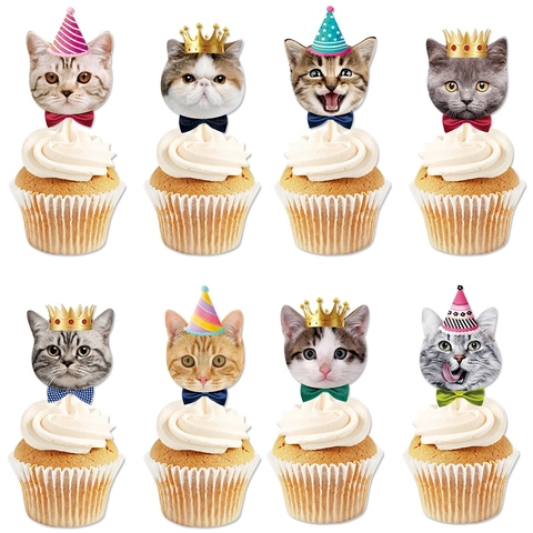 Katzen Tortendeko Papier Karten Cupcake Spieße Mit Partyhüten Kronen Fliegen Für Geburtstagsfeier Dessert Dekoration DIY