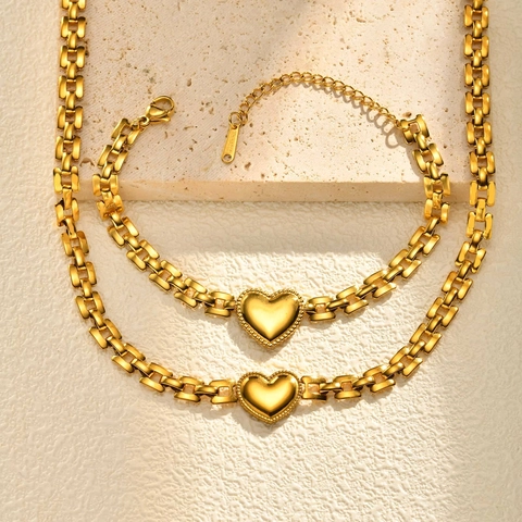 Heart Pendant Necklace Bracelet Jewelry Gold Plated Stainless Steel Watch Band Link Chain Trendy Chic Style For Women