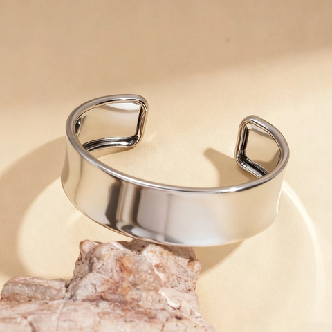 Wide Cuff Bracelet Metallic Polished Iron Geometric Open Bangle Minimalist Chic Jewelry For Women Silver Tone