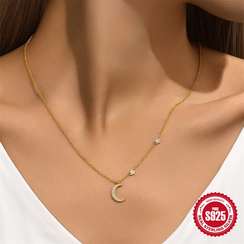 Collana Con Pendente Luna E Stella Argento Sterling 925 Placcato Oro Con Zirconi Gioielli Celesti Raffinati Per Donne Regalo