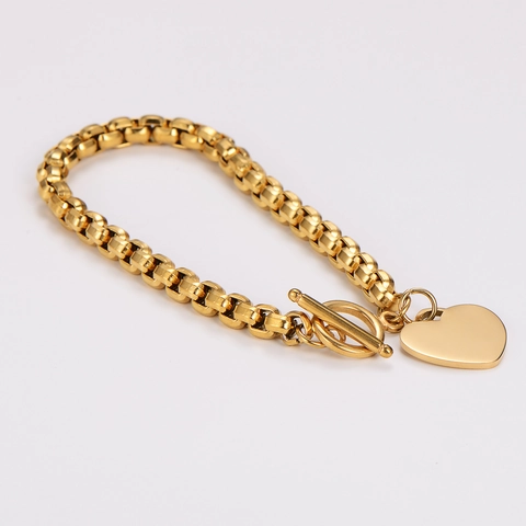 Bracelet En Acier Inoxydable Avec Pendentif Cœur Doré Gravé I Love You Fermoir OT Grosse Chaîne Pour Femme