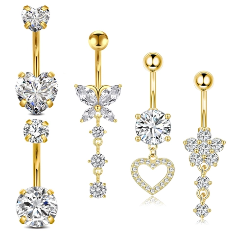 Belly Piercing Navel Rings 316 Stainless Steel Copper Zirconia Heart Butterfly Dangle Sexy Body Jewelry For Women