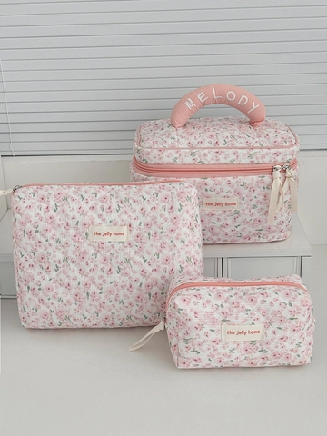 Trousse De Toilette Matelassée Florale Velours Côtelé Imprimé Pivoine Grande Capacité Organisateur De Voyage Pochette De Maquillage