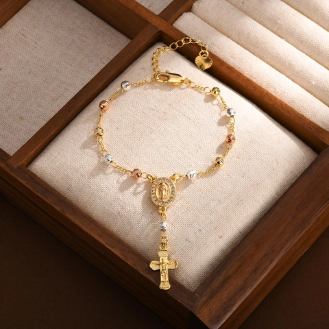Pulsera Rosario Medalla Virgen María Colgante Cruz Cobre Cuentas Multicolores Joyería Religiosa Para Mujeres
