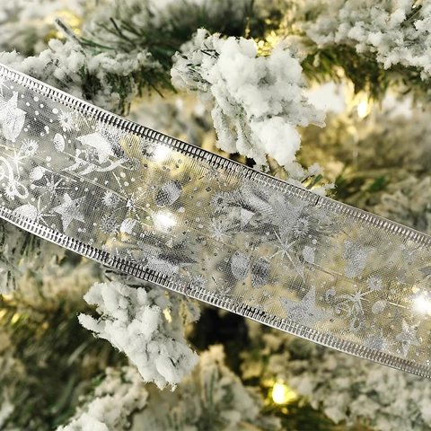 LED Christmas Ribbon Lights Double Layer Mesh Star Snowflake Print Glowing Ribbon For Christmas Tree Party Decoration Glow In Dark
