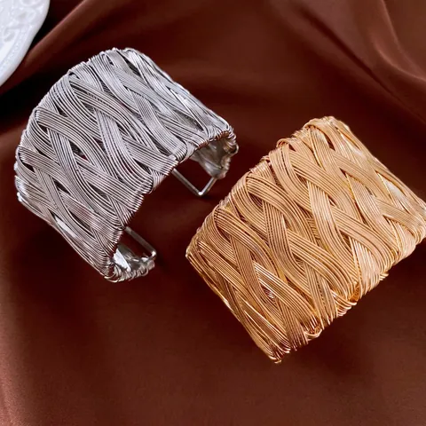 Wide Woven Cuff Bracelet Metal Twisted Cross Design Open Bangle For Women Bohemian Vintage Style Alloy Accessory