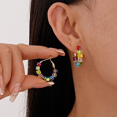 Colorful Square Glass Bead Hoop Earrings With 925 Sterling Silver Earring Post Alloy Geometric Sweet Jewelry For Women