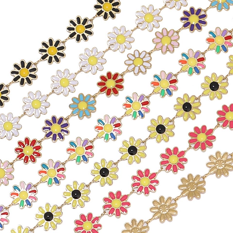 Daisy Flower Link Chain Stainless Steel Enamel Oil Dripping Colorful Finding For Bracelet Necklace Making Accessories