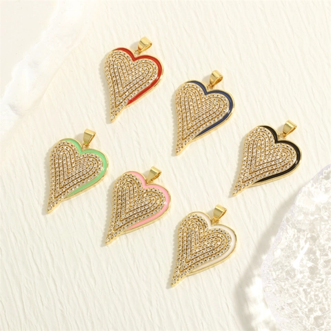 Charme Forme De Coeur Pendentif Cuivre Plaqué Or Zircon Émail Accessoires Bijoux DIY Fabrication Collier