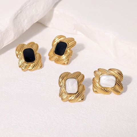 Vintage Stud Earrings 18K Gold Plated Stainless Steel Irregular Wavy Texture Geometric Rectangle Enamel Jewelry For Women