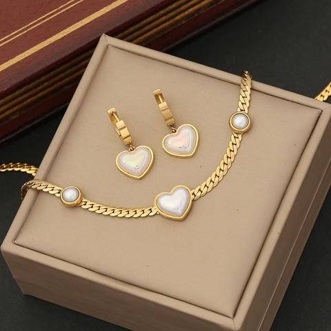 Collana Bracciale E Orecchini Con Pendente A Cuore Intarsio In Madreperla Acciaio Inossidabile Placcato Oro Catena Curb Donna