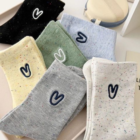 Women Mid Calf Crew Socks Cotton Blend Heart Embroidery Colorful Confetti Nep Yarn Preppy Style Ins Casual Breathable