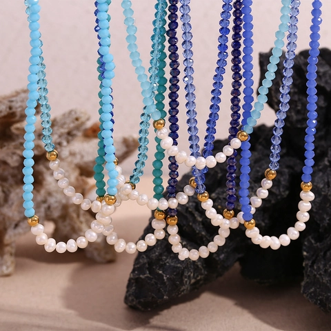 Vintage Stainless Steel Beads Freshwater Pearl Necklace For Women Blue Faceted Artificial Crystal Handmade Beaded Jewelry