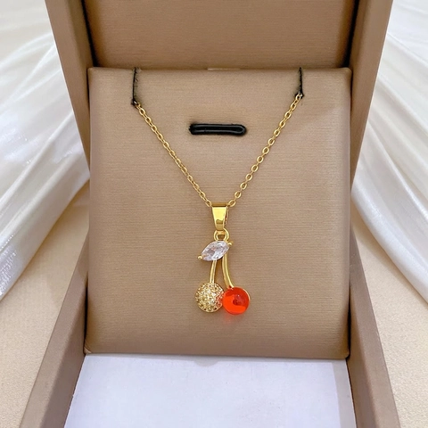 Collana Pendente Ciliegia Catena Acciaio Inossidabile Rame Micro Pavé Zirconia Gioielli Frutta Rossa Donna Stile Elegante