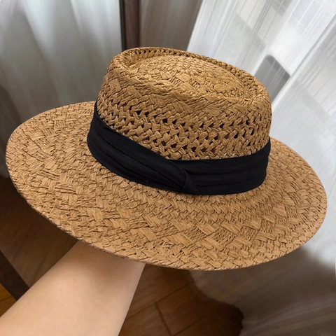 Women Hand Woven Straw Hat Wide Brim Sun Protection Breathable Flat Top Boater Style French Vintage Summer Beach Ribbon Bow