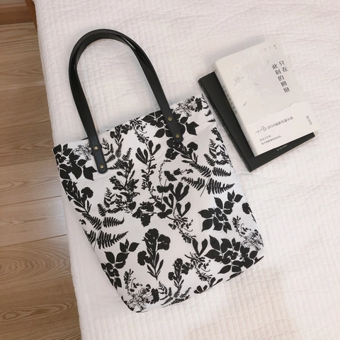 Sac Fourre-Tout En Toile À Imprimé Floral Avec Lanières En Cuir Et Rivets Esthétique Vintage Grande Capacité Sac À Main