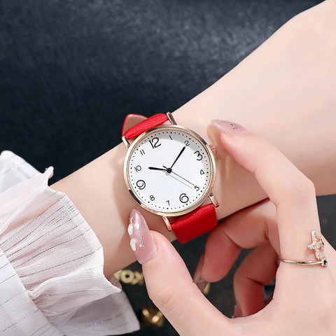 Damen Quarzuhr Arabische Ziffern Analog Legierungsgehäuse Kunstlederarmband Edelstahlschnalle Rundes Zifferblatt Mode
