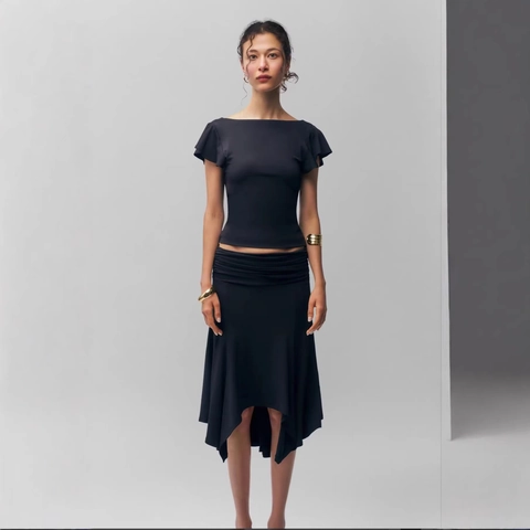 Falda Midi Sexy Para Mujer Dobladillo Irregular Fruncido Cintura Baja Cola De Pez Punto Elegante Lisa