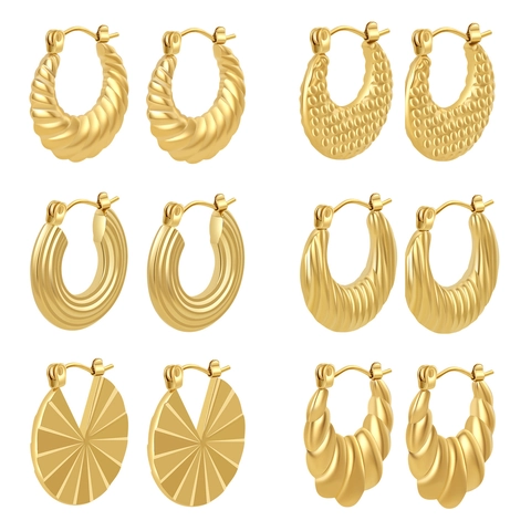 Chunky Hoop Ohrringe Für Damen Edelstahl 18K Vergoldet Retro Geometrisch Texturiert Gerippt Gedreht Design