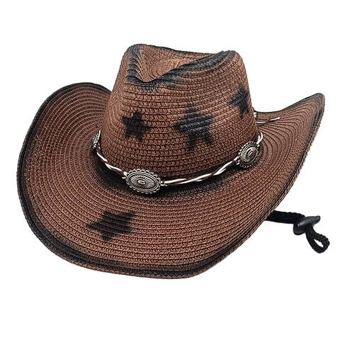 Chapeau De Cow-Boy En Paille Imprimé Étoiles Dégradé Bord Large Protection Solaire Cordon Coupe-Vent Réglable Style Rétro